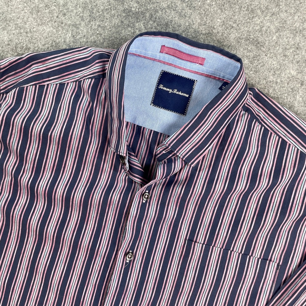 Tommy Bahama Mens Button Down Shirt XL Navy Purple Striped Long Sleeve Cotton
